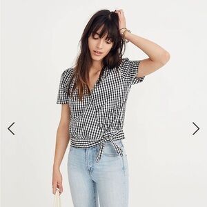 Madewell MEDIUM Short Sleeve Wrap Gingham Checked Blouse black white cropped tie